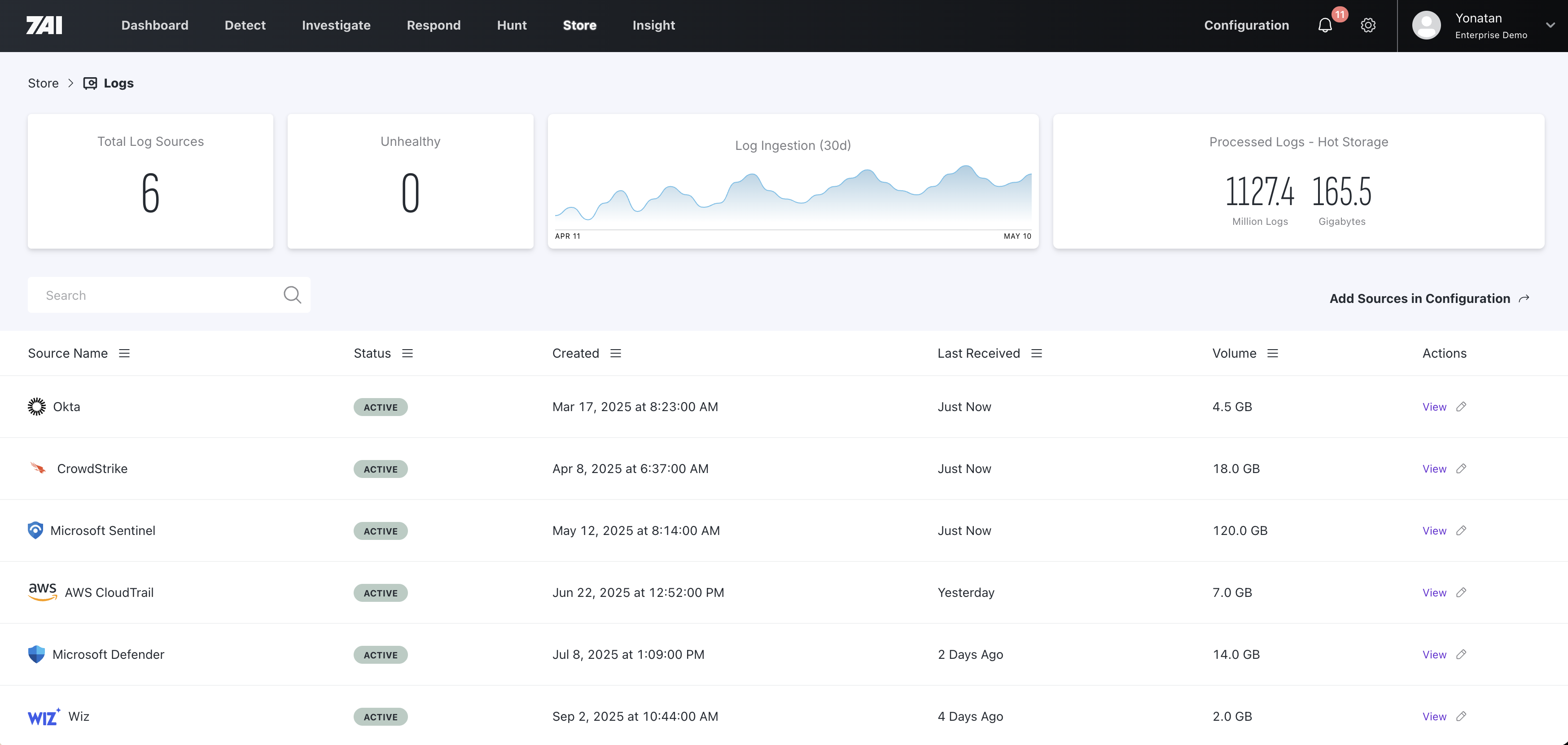 Log collection dashboard