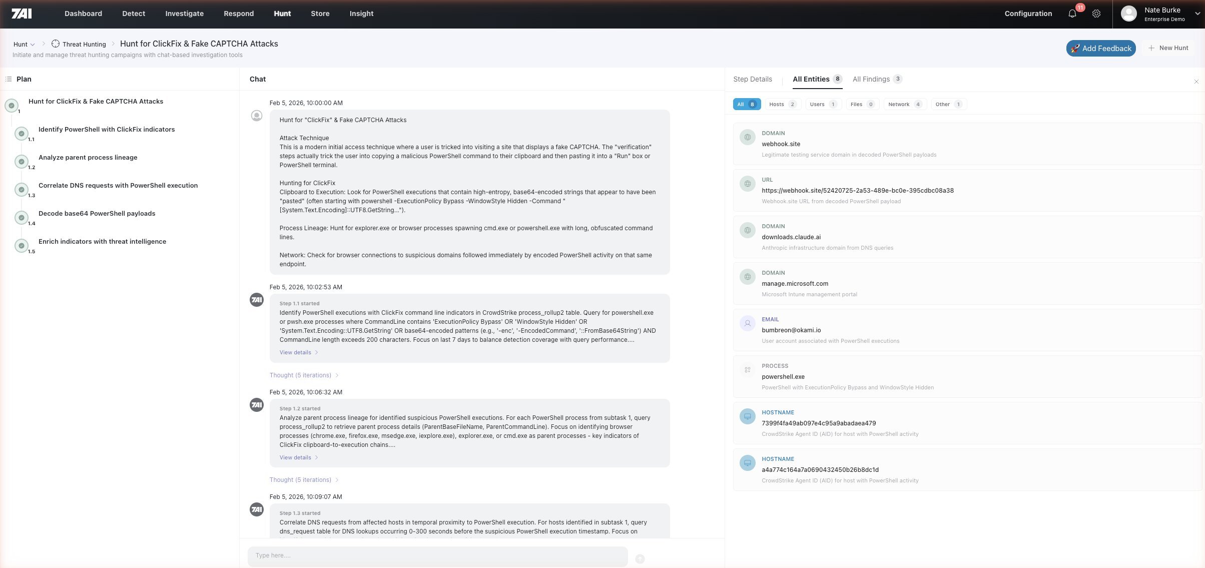 7AI Threat Hunting module running an active hunt for ClickFix and Fake CAPTCHA attacks with a multi-step plan, investigation chat, and entity surface