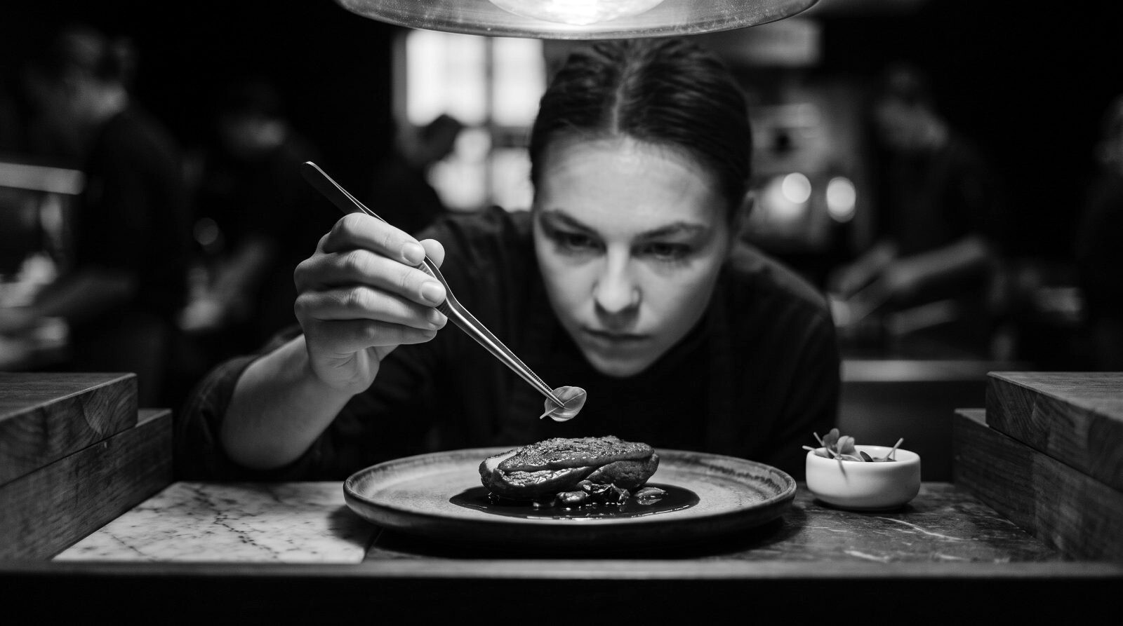 Macro, tweezers placing a single herb leaf; cook's focused face in soft focus behind