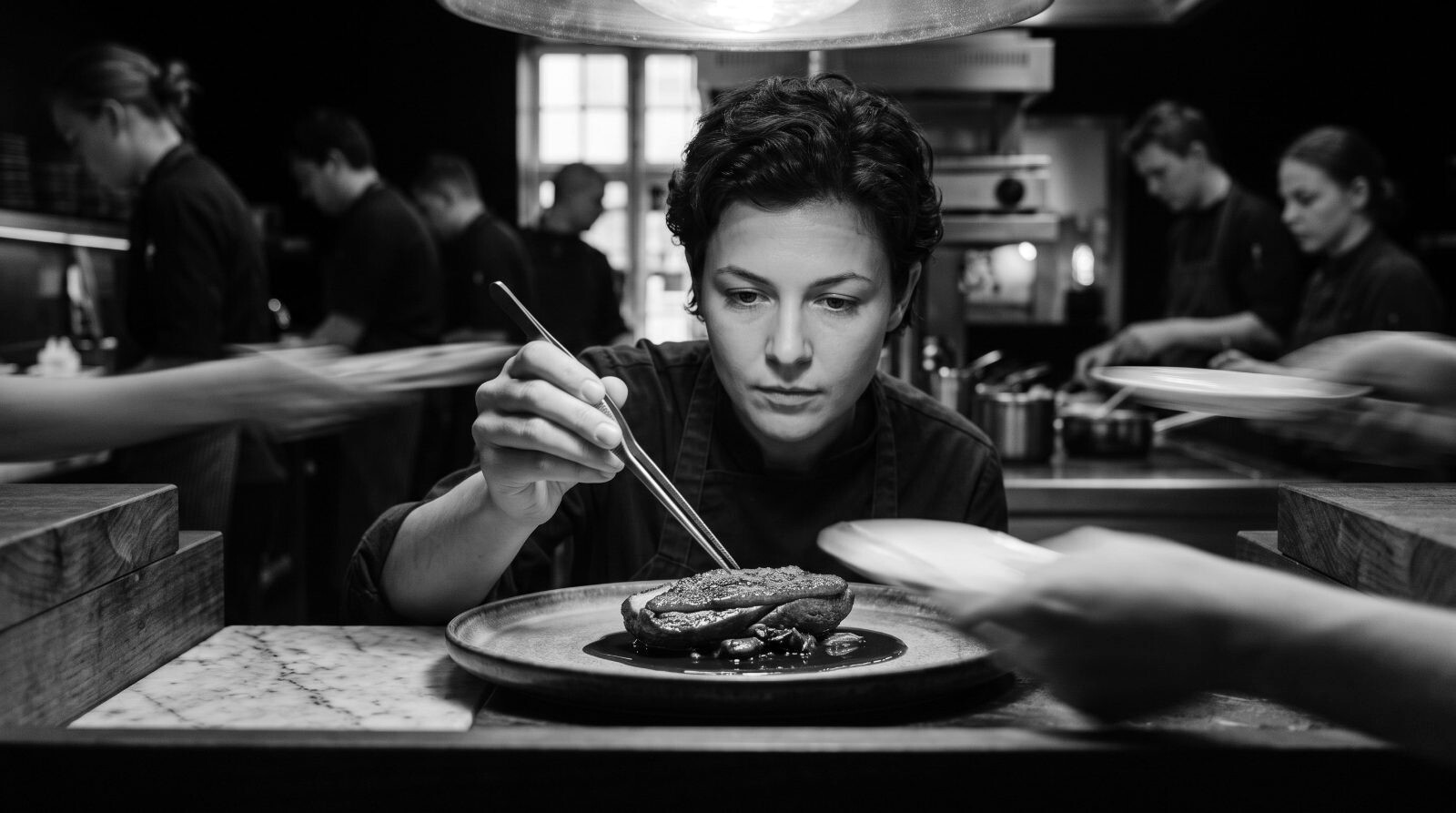 Full service blurred to streaks; one cook at center sharp and calm, plating