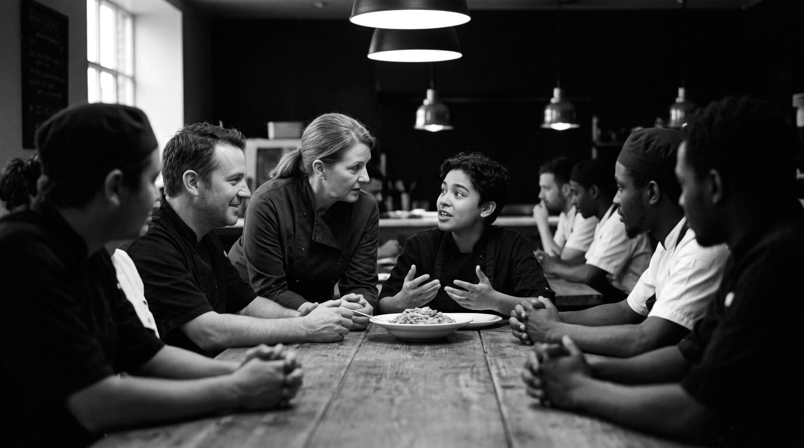 Family meal, whole brigade at one long table, junior cook mid-idea, chef leaning in