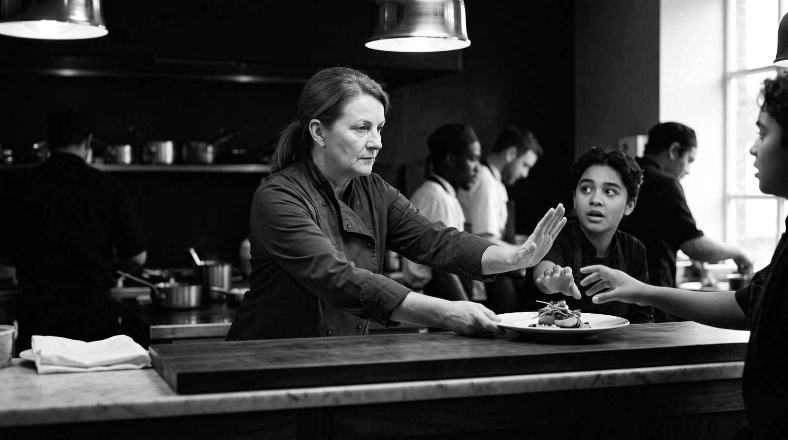 A cook's arm halting a plate at the pass mid-handoff, server paused mid-reach