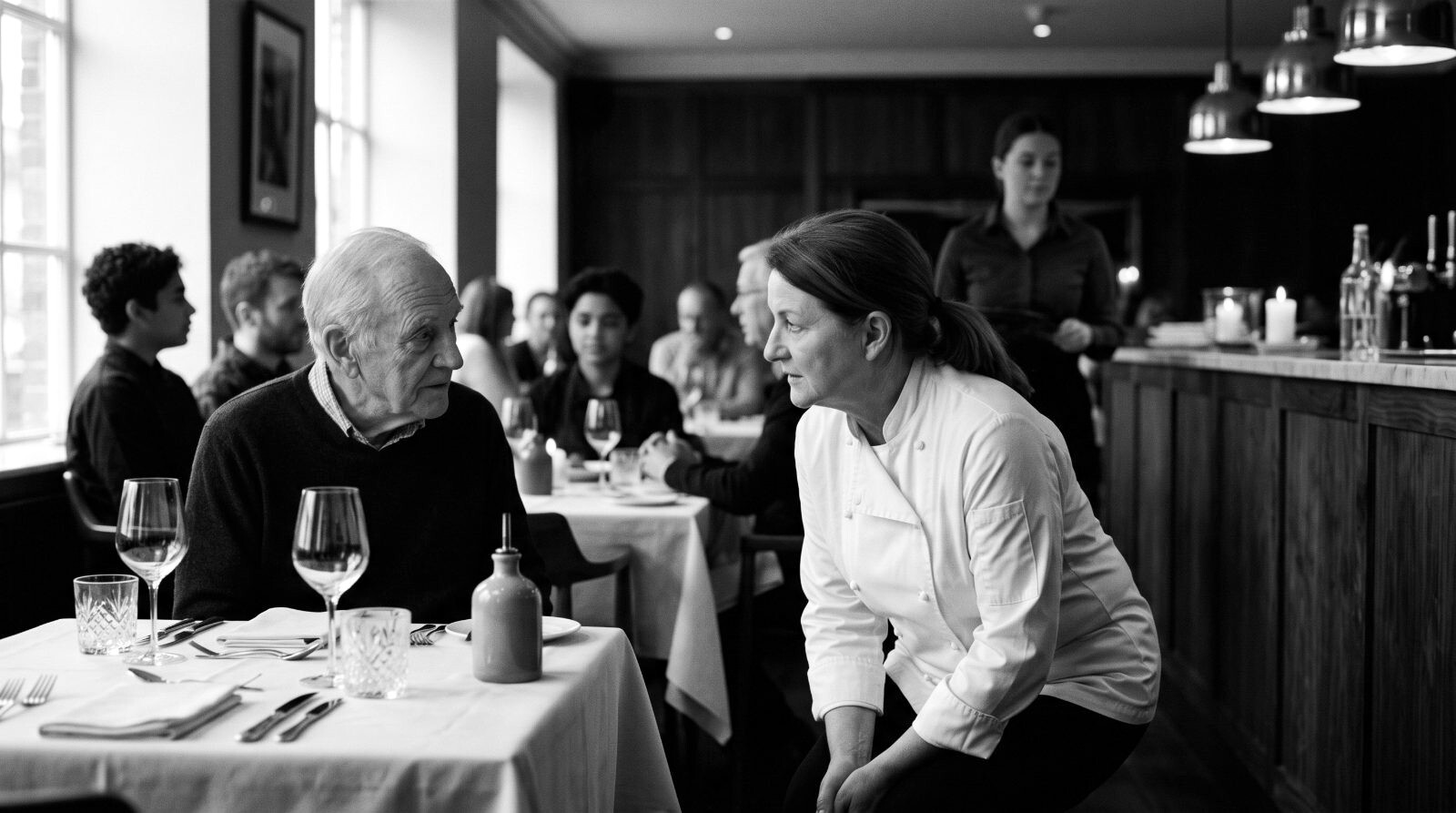 Chef in whites crouched beside a guest's table, speaking at eye level, room soft behind