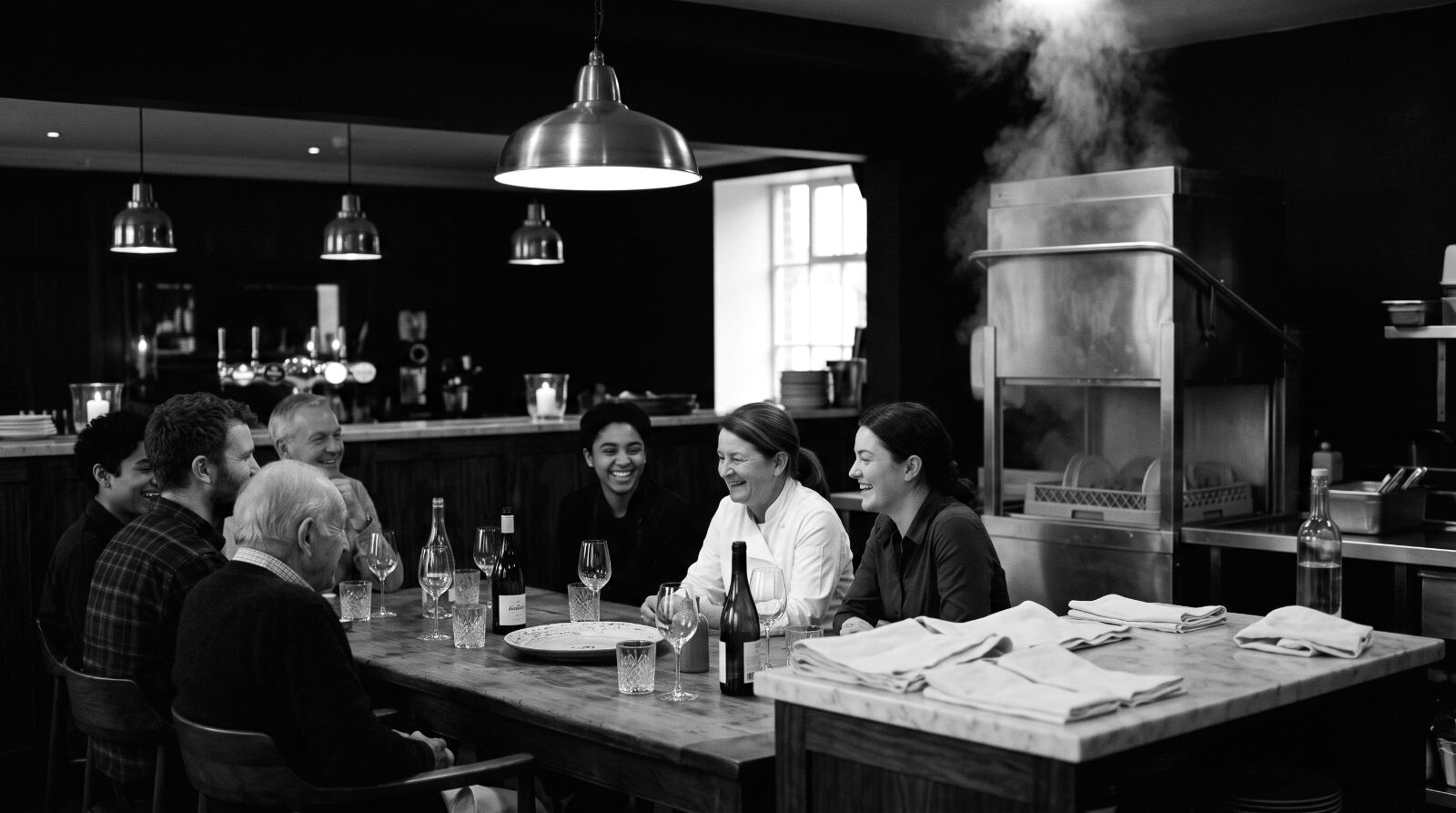 After service, machine runs alone in back with steam rising; brigade laughing at the family table